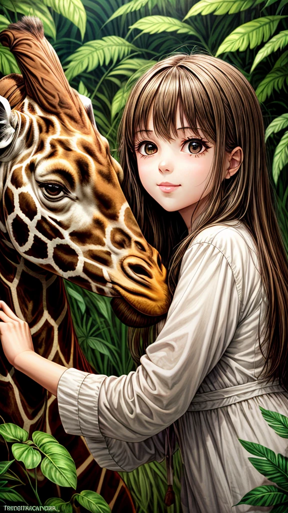 Cute girl touching a big giraffe, jungle background