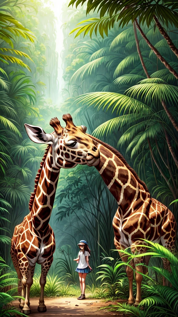 Cute girl touching a big giraffe, jungle background
