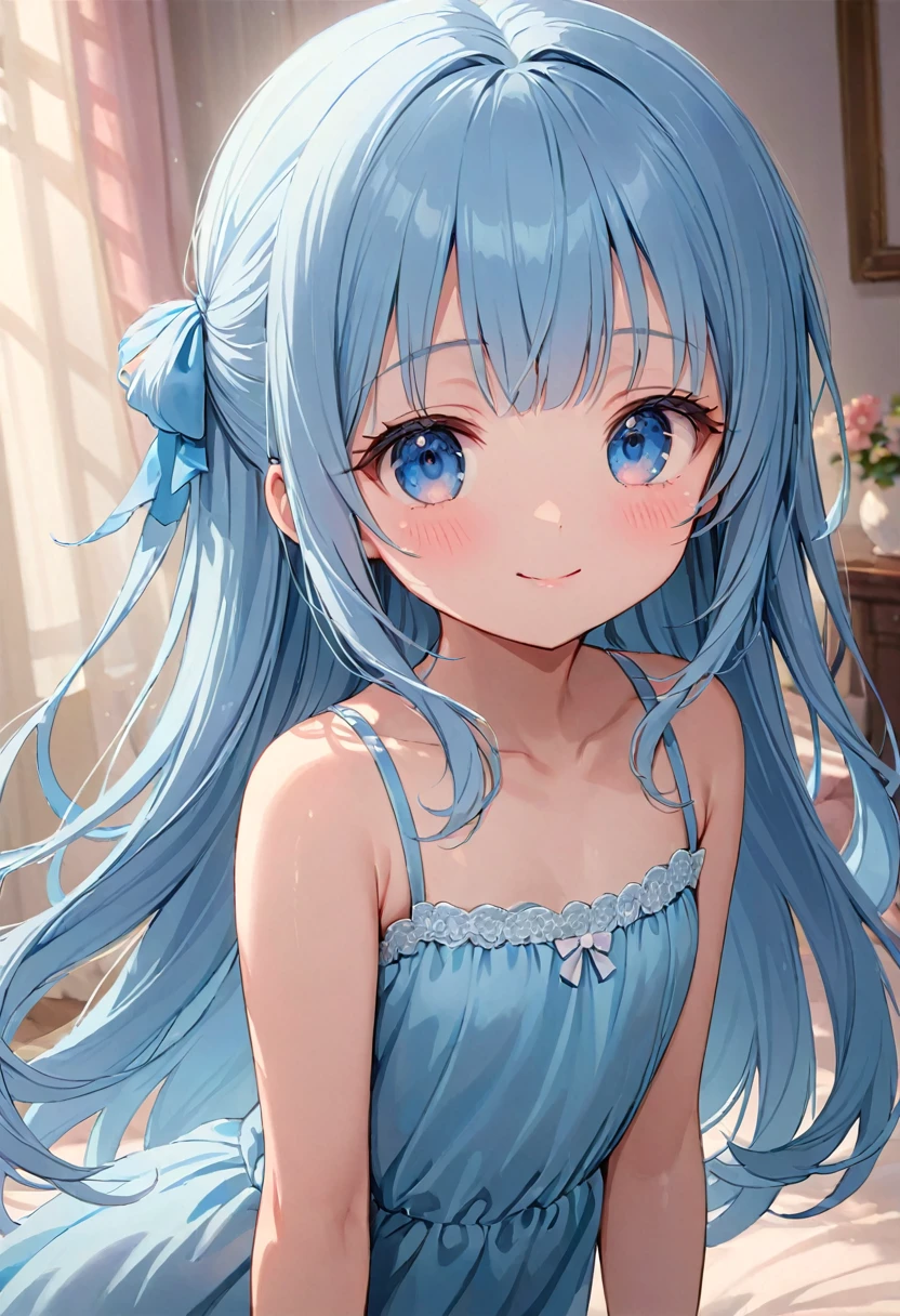 masterpiece, best quality, extremely detailed, (illustration, official art:1.1), 1 girl ,(((( light blue long hair)))), ,(((( light blue long hair)))),light blue hair, , long hair ((blush)) , cute face, big eyes, masterpiece, best quality,(((((a very delicate and beautiful girl))))),Amazing,beautiful detailed eyes,blunt bangs((((little delicate girl)))),tareme(true beautiful:1.2), sense of depth,dynamic angle,,,, affectionate smile, (true beautiful:1.2),,(tiny 1girl model:1.2),)(flat chest),