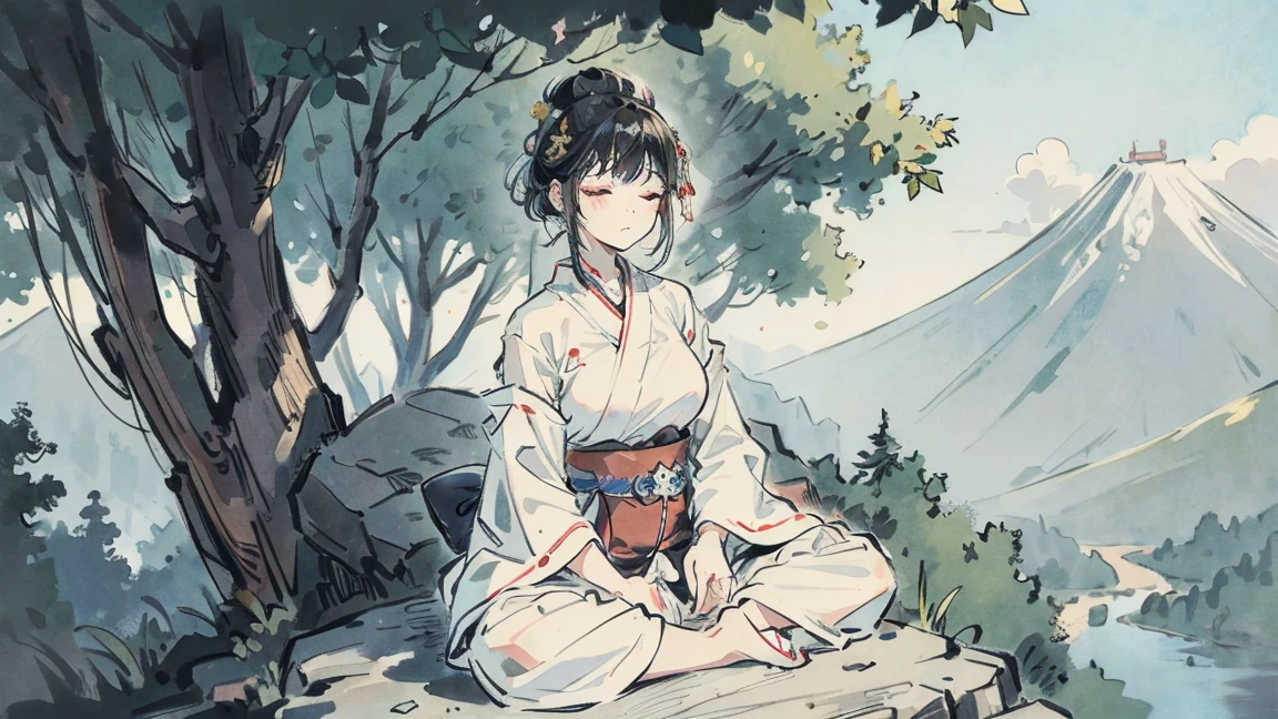 beautiful woman, Japan, It was, (((yoga))), meditation, Eyes closed, Black Hair, ((White training clothes))), In the great outdoors, I am meditating,Sitting on a cliff,(((from front))), (((seiza)))