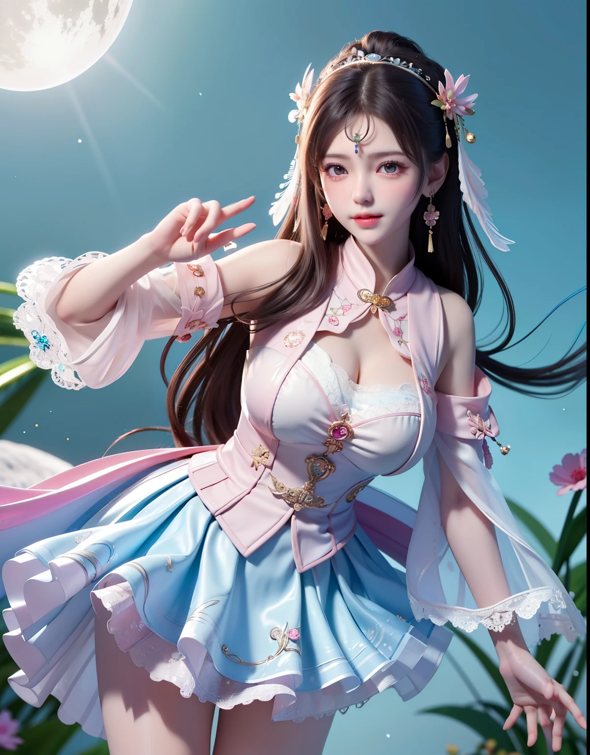 (8k, RAW photo:1.2), best quality, ultra high res,dramatic angle,(fluttered detailed color splashs), (illustration),(((1 girl))),(long hair),(rain:0.9), (Headdress:1.4),There is an ancient palace beside the girl,Hanfu,(Key Points),Color ink painting,(Splash of Color),Splash of Color,(((colorful))),(sketch:0.8) , Masterpiece, best quality, beautiful painted, highly detailed,(denoising:0.6),[splash ink],((ink refraction)), (beautiful detailed sky),moon,highly,detaild,(masterpiece, best quality, extremely detailed） CG Unity 8k Wallpaper，masterpiece，best quality，Ultra Detailed），（Lycoris）.shoulder ballet dress open V-chested clothes Thin silk lace dress short skirt , (huge ，cleavage),, white pink, blue ，best qualtiy，tmasterpiece，Ultra-high resolution，（Reality：1.4），RAW photogr，（True skin texture：1.3），（filmgrain：1.3），（Selfie angle），1个Giant Breast Girl，Beautiful eye and face details，tmasterpiece，Best quality at best，，The chest more exposed， detailed hair, bra pink , detail 8k, full body, lace petticoat, fan handle