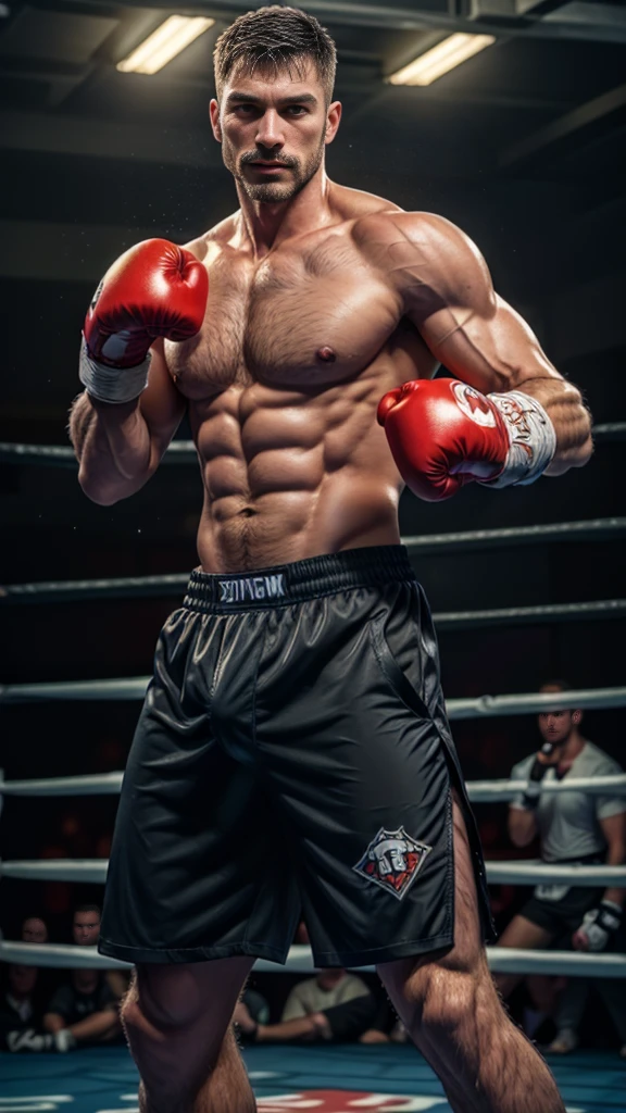 (Best quality,Photorealistic),(dark,feels) Punch at the camera!(Tyndall light effect!)(Cinematic lighting),3d! One guy,detailed black eyes, Smaller head!Wear boxer shorts in boxing position on the boxing field for boys!red boxing gloves!Punch at the camera!, wearing boxers。dark skin., ((very much like!)), ((Eyes with ferocious expression!))Handsome male, Handsome chad chin, Handsome and attractive, Handsome and elegant, Handsome man, Sexy masculine, masculine and Handsome, , Handsome, Attractive posing, attractive male, Attractive man,40 year old man!Lift your little head,Cominan in boxing shorts and red boxing gloves(closeup portrait!))showing off his hairy pecs。(Show hairy chest muscles),),(short mustache),Wear boxer shorts!Show hairy chest muscles),),(use short mustache,)headspace!Charming and serious look,(Handsome man,punching position,poorly dressed,Perfect body anatomy,Beautiful man face detail,perfect foot,perfect hand!Front Shooting!!