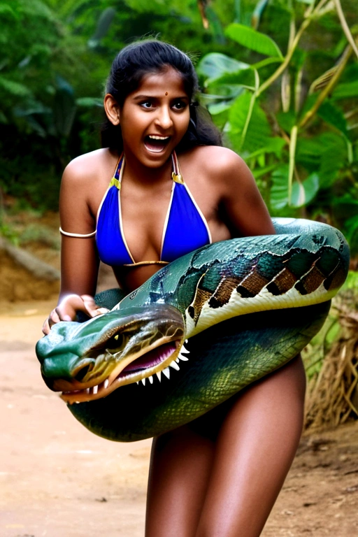 Happy Horny, aroused 1girl), beautiful bikini wearing Indian young girl with giant colossal Kaa monster squeezing her hard, wrapped in thick spiraling coils, constricted, struggle, gasping for air, snake attack, snake peril,