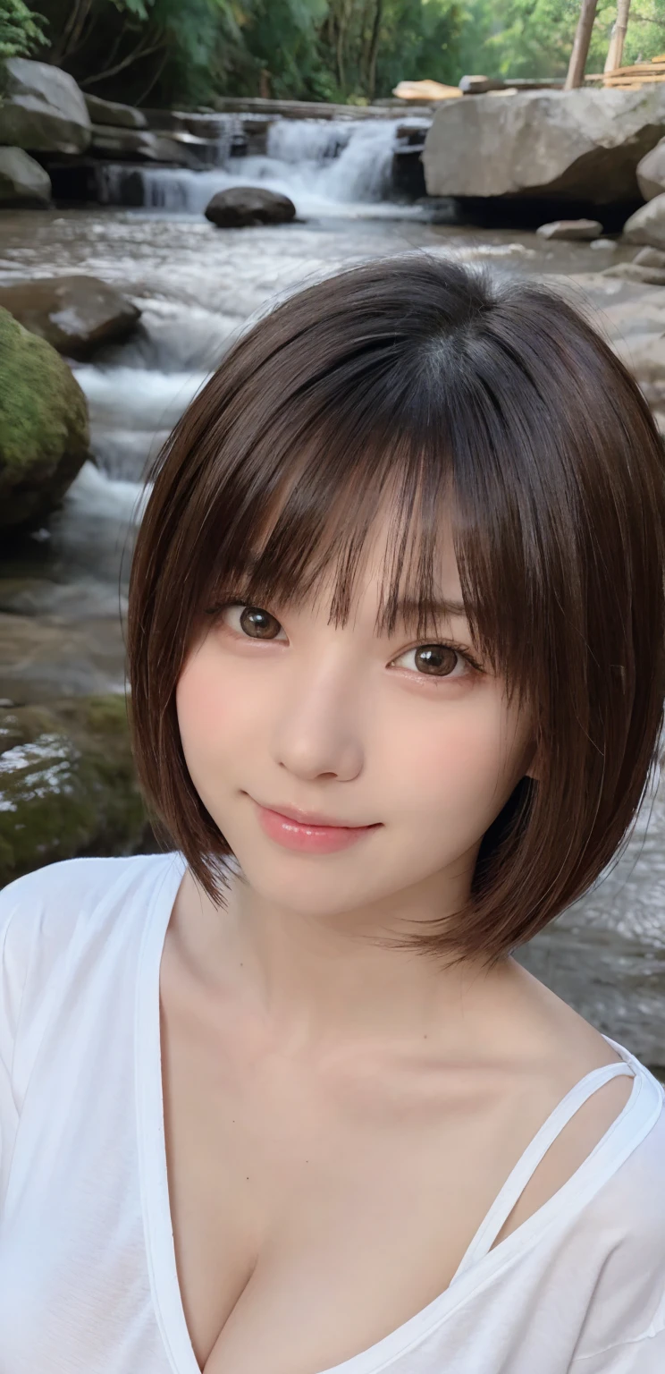 One Girl, (Beautiful girl, Delicate girl:1.3), (16 years old:1.3),
break,  (Plain T-shirt:1.2),
break, (Small waterfall　background:1.2),
break, smile, Very beautiful eyes, (Symmetrical eyes:1.3),
break, (Big Breasts:1.3), Brown eyes, Parted bangs, Brown bob cut hair, Round face, cute,
break, (Eye and facial details:1.0),
break, (masterpiece, Highest quality, Super detailed, Detailed face, 8K)