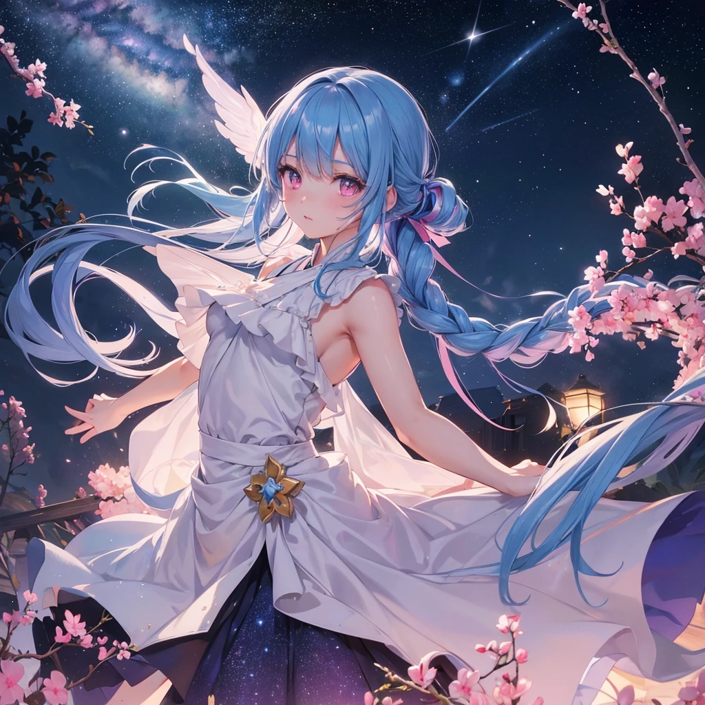 Sky blue hair, (One braided ponytail),(Pink Eyes),Fair skin ,(whole body),(One girl),Angel,Orihime,(Sky Yue),Tanabata,(The Milky Way in the night sky),Hollow Eyes,Blushing,Straight bangs,(masterpiece, Highest quality, Very detailed, Best Shadow), (Detailed Background), (Beautifully detailed face), High Contrast, (Best lighting, Very delicate and beautiful), ((Cinematic Light)), colorful, Hyper Detail, Dramatic Light, Intricate details,Open your arms