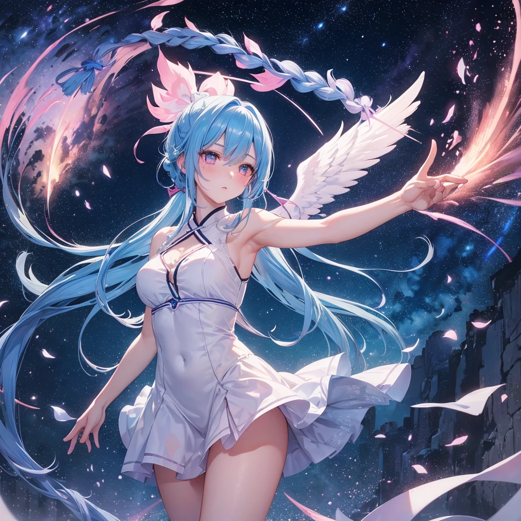 Sky blue hair, (One braided ponytail),(Pink Eyes),Fair skin ,(whole body),(One girl),Angel,Orihime,(Sky Yue),Tanabata,(The Milky Way in the night sky),Hollow Eyes,Blushing,Straight bangs,(masterpiece, Highest quality, Very detailed, Best Shadow), (Detailed Background), (Beautifully detailed face), High Contrast, (Best lighting, Very delicate and beautiful), ((Cinematic Light)), colorful, Hyper Detail, Dramatic Light, Intricate details,Open your arms