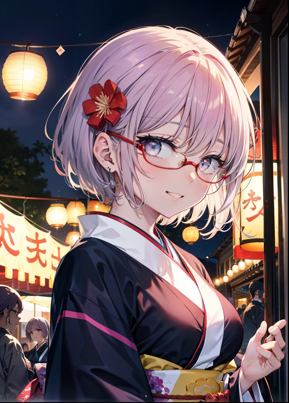 akaneshinjou, shinjou akane, Light purple hair, (Pink Eyes:1.2), happy smiles, Flower hair ornament,smile, Open your mouth,short hair,Red-rimmed glasses,Big Breasts,Purple kimono,Thick sleeves,Japanese Festivals,Summer festival food stalls,Red lantern,firework,場所はfirework大会、Time is night,Are standing,whole bodyがイラストの中に入っていくように,
break looking at viewer, whole body, 　　　　　　　　break indoors, room,　　　　　　　　　　 　　　break (masterpiece:1.2), Highest quality, High resolution, unity 8k wallpaper, (shape:0.8), (Beautiful and beautiful eyes:1.6), Highly detailed face, Perfect lighting, Highly detailed CG, (Perfect hands, Perfect Anatomy),