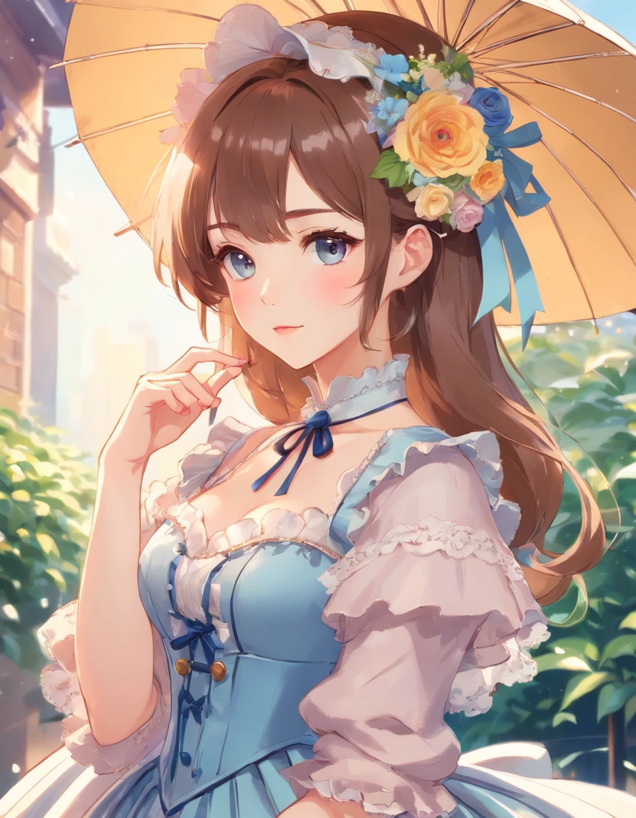 (Masterpiece), (best quality), illustration of Victorian Girl、kawaii girl、aniime、 1. **lo fashion**: Victorian fashion is characterized by dressy and elegant design。Ruffles and laces、corsets、Try incorporating elements such as long dresses。 2. **hairstyle on**: Women's hairstyles in the Victorian era are often complex and delicate。Upstyling and curling、It is also a good idea to add ribbons and floral ornaments to the hair.。 3. **Features**: girl features with soft features、Beautiful、kawaii、intelligent Beatty, Beautiful 5. **accessorized**: Accessories played an important role in the Victorian era。Hats、gloves、umbrellas, etc.、By drawing accessories with attention to detail、You can give your character personality。 Nice dress、florals、Luxurious costumes、PastelColors, (shining brightly), ((dazzling)), (floating a lot of flower petals, ((2d)), ((paper art))、(((glamorous)))、Plump、(((Chubby Mature Woman)))、(((Huge breasts)))、sexy woman、Voluptuous