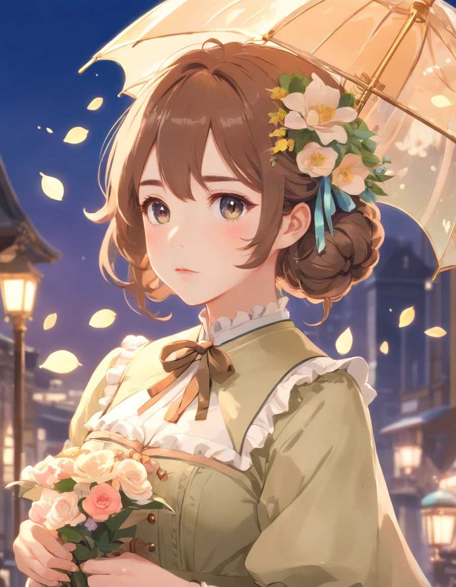 (Masterpiece), (best quality), illustration of Victorian Girl、kawaii girl、aniime、 1. **lo fashion**: Victorian fashion is characterized by dressy and elegant design。Ruffles and laces、corsets、Try incorporating elements such as long dresses。 2. **hairstyle on**: Women's hairstyles in the Victorian era are often complex and delicate。Upstyling and curling、It is also a good idea to add ribbons and floral ornaments to the hair.。 3. **Features**: girl features with soft features、Beautiful、kawaii、intelligent Beatty, Beautiful 5. **accessorized**: Accessories played an important role in the Victorian era。Hats、gloves、umbrellas, etc.、By drawing accessories with attention to detail、You can give your character personality。 Nice dress、florals、Luxurious costumes、PastelColors, (shining brightly), ((dazzling)), (floating a lot of flower petals, ((2d)), ((paper art))、(((glamorous)))、Plump、(((Chubby Mature Woman)))、(((Huge breasts)))、sexy woman、Voluptuous