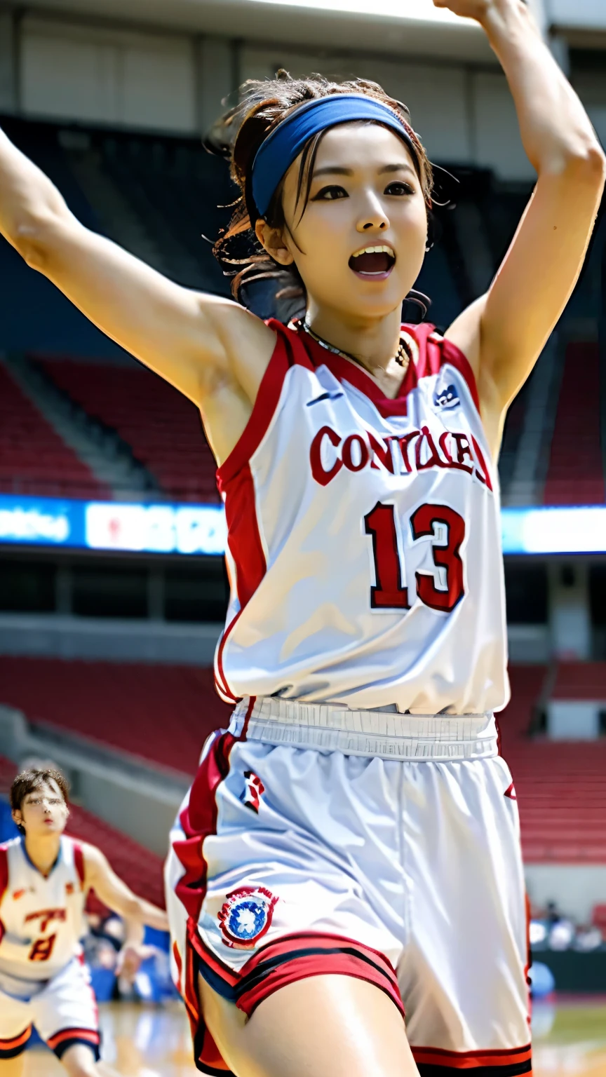 (((With perfect anatomy, we carefully draw perfect limbs with no excess or deficiency, taking into account the direction in which the joints bend.))),The grandstands were filled with spectators,(((A beautiful basketball player with outstanding style is running seriously with wrinkled eyebrows on the field of a large basketball stadium filled with spectators))),(((The uniform is a sleeveless basketball uniform with a collar and running pants with a large number on the back.々Shii,Put on basketball shoes))),(((Capture the powerful moment of sprinting with a basketball in a full-body snapshot))),Speed,body幹の強い低い姿勢,Speed,Capture the essence of the movement and the moment of the play,((A beautiful basketball player wearing a red uniform with white horizontal stripes and a thick headband looks ahead)), Fight off the enemies who try to stop her,((眉間にしわを寄せながらバスケットボールボールを持ってバスケットゴールに向かって走る動きの本質を捉えた側面からの4K動body撮影)),Rushing forward like a rabbit,All in one,(Skin Dentition:1.5),Realistic and realistic,(masterpiece:1.5),Sports concept art,Intricate details,Highly detailed and realistic,Octane Rendering,4K,Sports Real Engine,Dynamic pose, Highest quality,High resolution,(Realistic Face:1.1),(Surreal:1.1), ((full_body)),((Expressing the dynamism that emanates from the whole body)),(((He has a slim, muscular body with well-trained legs and a slim waist, making him look like a coke bottle.))),(4K full-body shot from the side),(Shiny skin:1.2),(((Hairstyle))),(((Perfect hands))),(Highly detailed background),((Well-maintained Tokyo Metropolitan Government々Background of stadium full of spectators on center court of wooden arena)),A crucible of cheers and excitement,((1girlに美しさをcondensation)),((光を蓄えた美Shii瞳)),(Shiho wearing a necklace),(((滴る大量の汗が眩Shii))),(Ponytail flutters in the wind),casting ,((Dramatic beauty)),披写界深度の深い美Shiiボケ,4K,Gothic,4K Digital SLR Camera,Film grain effect,Fujifilm XT3 style,(Saiharu Body),(Delicate eyes and face),Professional Perspective,素晴らShiiディテール,1girlに美しさをcondensation,繊細でHigh noseを持つ美Shii顔,High nose, Clear sky-blue eyes that glorify the light, Glossy red lips, light makeup,condensation))),