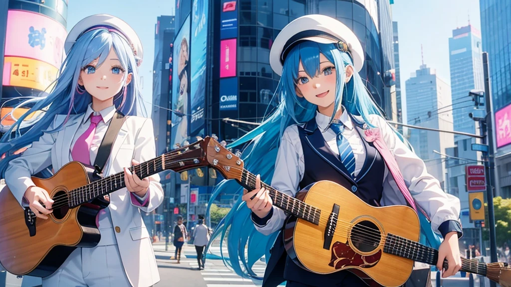 Anime style illustration with a vibrant city background similar to Shibuya. The main characters are a girl with long blue hair and blue eyes wearing a with a pink tie, and a boy with short blue hair wearing a white suit and hat. In this image, the girl is playing a guitar, smiling brightly, while the boy is standing next to her, looking at her with admiration. The background remains colorful with musical notes floating around.