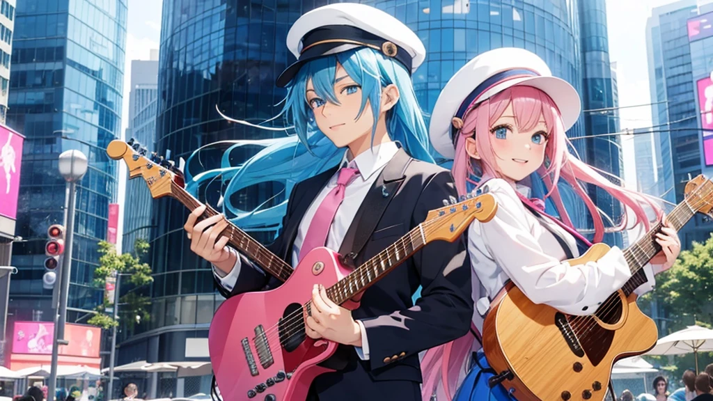 Anime style illustration with a vibrant city background similar to Shibuya. The main characters are a girl with long blue hair and blue eyes wearing a  with a pink tie, and a boy with short blue hair wearing a white suit and hat. In this image, the girl is playing a guitar, smiling brightly, while the boy is standing next to her, looking at her with admiration. The background remains colorful with musical notes floating around.