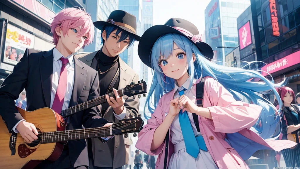 Anime style illustration with a vibrant city background similar to Shibuya. The main characters are a girl with long blue hair and blue eyes wearing a  with a pink tie, and a boy with short blue hair wearing a white suit and hat. In this image, the girl is playing a guitar, smiling brightly, while the boy is standing next to her, looking at her with admiration. The background remains colorful with musical notes floating around.