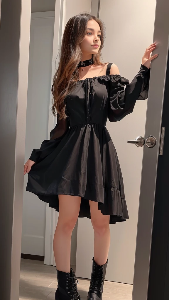 A girl standing in a doorway wearing a black dress and black boots, Girl in a black dress, In a dress, from Girls' Frontline, Girls' Frontline style, Cute girl in a nice dress, Fine details, Girls' Frontline, Cute girl visuals, Girls' Frontline cg, Blonde girl with long hair, Beautiful school girl, Idol Face, Beautiful breasts, (Detailed eyes and face:1.3, Professional photography techniques), (Detailed hands:1.2, Beautiful little hands of a girl:1.3), (Highest quality, 8K, masterpiece:1.2, RAW Photos), (Beautiful eyes in every detail), Gaze at the viewer, blush:1.3