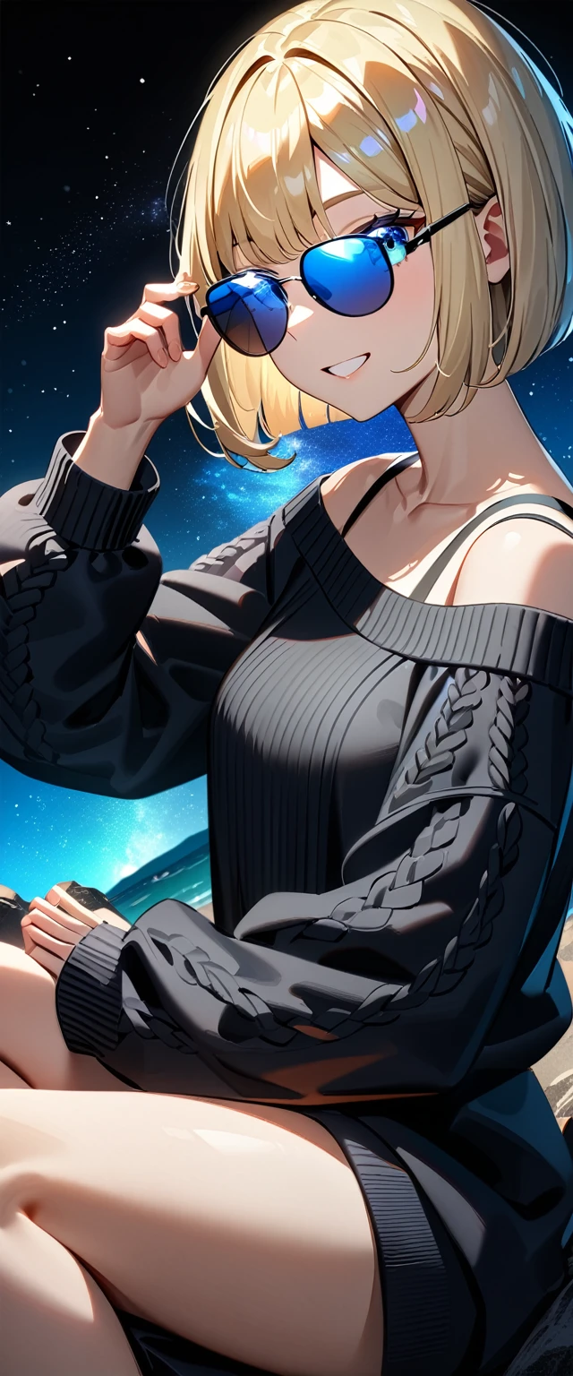 (((a beautiful starry sky, the Milky Way shining beautifully in the night))), ((bare legs)), (((sunglasses, hand to sunglasses))), (Aran sweater), ((((from side)))), upper body, ((sitting on the very high cliff)), wavy hair, inward curled hair, sea, beach, ((blond hair, bob cut:1.3)), breasts, teenager, (looking at viewer), oversized clothes, puffy long sleeves, ((off-shoulder sweater:1.3, Quite thick shoulder straps)), ((black sweater)), collarbone, head tilt:1.3, (((blue eyes))), happy smile, (((anime style))), (best quality, 4K, 8K, highres, masterpiece:1.2, ultra-detailed, ultra-detailed eyes, HDR, uhd, studio lighting, ultra-fine painting, sharp focus, physically-based rendering, extreme detail description, professional, vivid colors, bokeh)