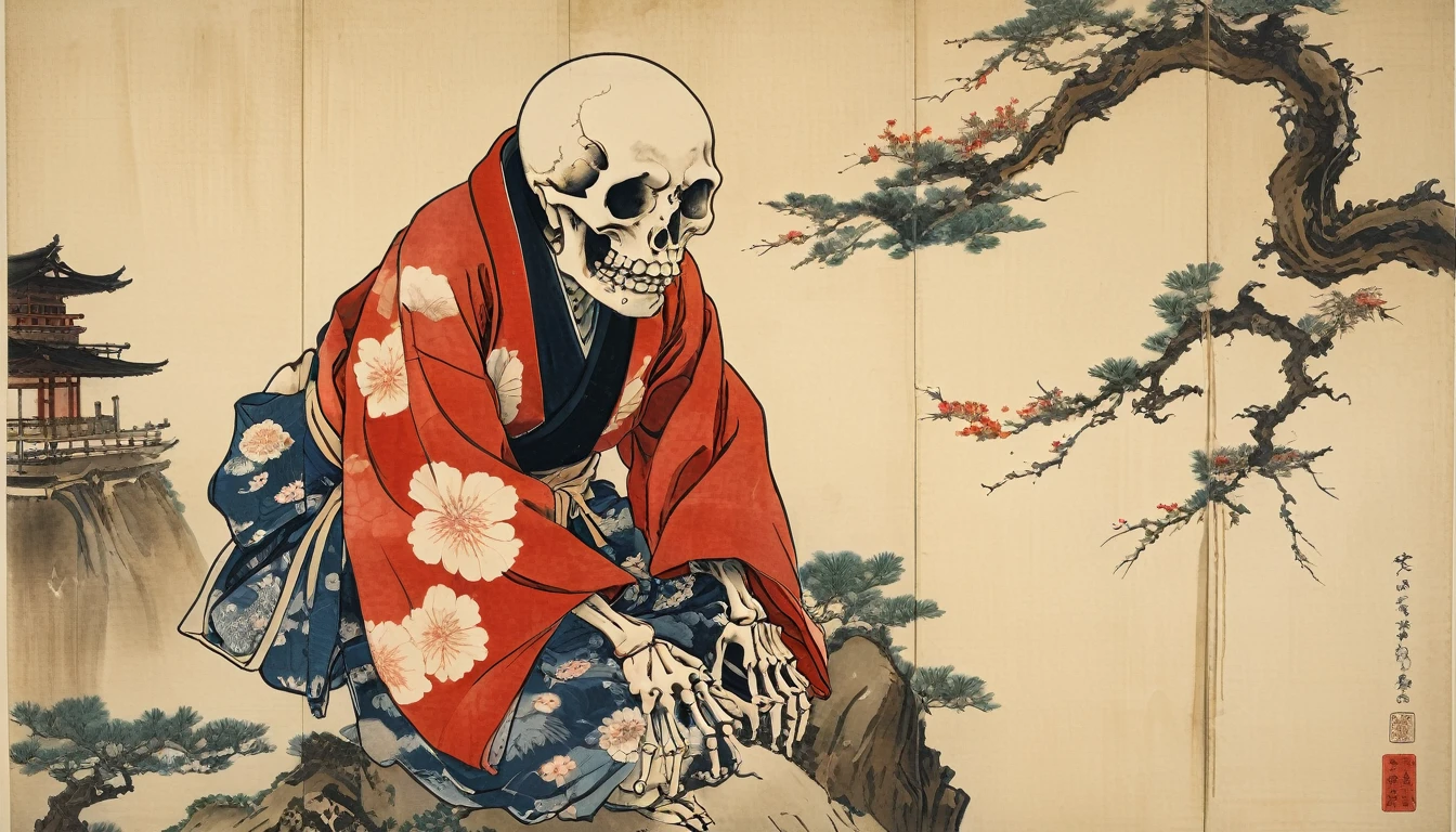 (((Katsushika Hokusai))), ((Skeleton in Kimono)), Horror elements