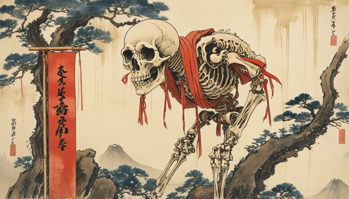 Japanese line drawing 、((Wearing tights))、 , A samurai( Tied to a wooden steak、There are many arrows stuck in it,:1.2) The skeletal structure of the lower body cannot be seen , Torn rag, Rope and bloody ground, Black sky and big moon , Floral Damask Background , Takato Yamamoto style、masterpiece,Highest quality,Absurd,Attention to detail,8K,Realistic,get away far from,Cowboy Shot,One girl,Great body,Long Hair,compensate,Outstretched arms,Full body frontal photo,Symmetric的なポーズ,Necromancer,Bone ornament,Cemetery,A skeleton comes out of the ground,Living things,Ancient,dark,evil,Complex, elegant, Very detailed, Symmetric, Magical atmosphere, Sharp focus, Majestic, extremely coherent, Shine, Advanced, Cinematic, Artistic, The finer details, victory, beautiful, amazing, Dramatic Light, design, Rich and deep colors, A perfect professional background, Surroundings, Customized set configuration