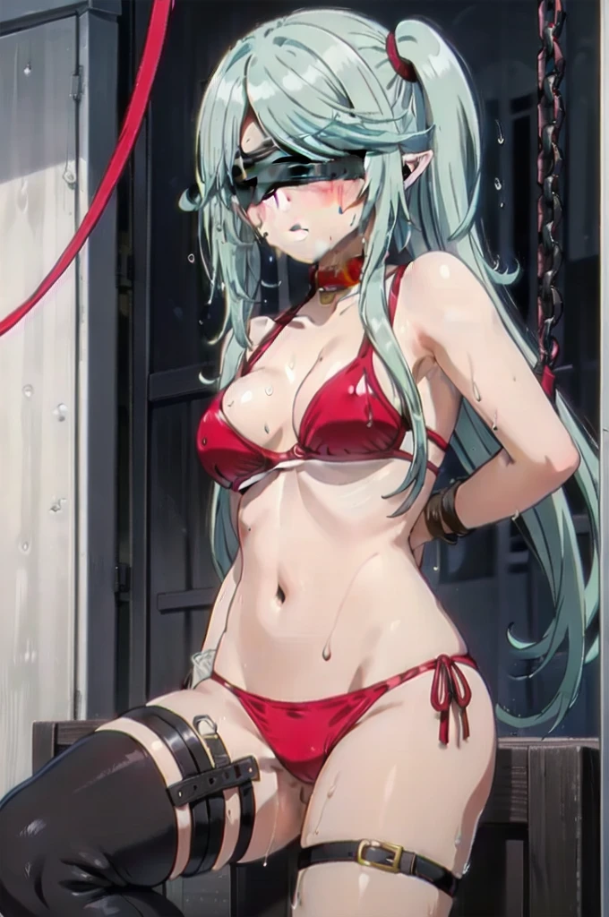 dark blue hair,,long hair,purple eyes,pointy ears,elf,tall,((red bikini)),bondage,tied up,bound,tied wrist,tied legs,,arms behinf back,(((blindfold))),blush,wet,sweat,rope,collar,leash,on the bed,eager pet pose
