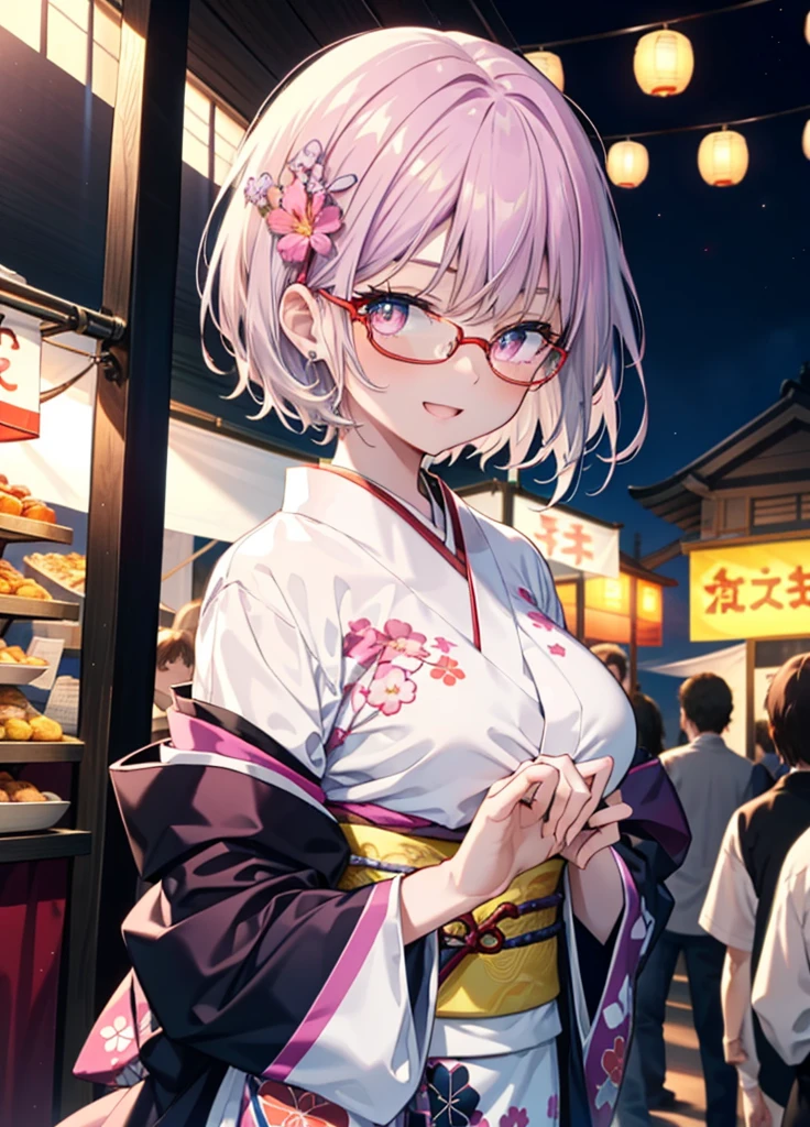 akaneshinjou, shinjou akane, Light purple hair, (Pink Eyes:1.2), happy smiles, Flower hair ornament,smile, Open your mouth,short hair,Red-rimmed glasses,Big Breasts,Purple kimono,Thick sleeves,Japanese Festivals,Summer festival food stalls,Red lantern,firework,場所はfirework大会、Time is night,Are standing,whole bodyがイラストの中に入っていくように,
break looking at viewer, whole body, 　　　　　　　　break indoors, room,　　　　　　　　　　 　　　break (masterpiece:1.2), Highest quality, High resolution, unity 8k wallpaper, (shape:0.8), (Beautiful and beautiful eyes:1.6), Highly detailed face, Perfect lighting, Highly detailed CG, (Perfect hands, Perfect Anatomy),