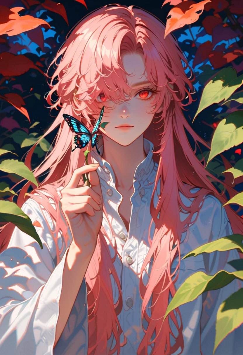 style9,25 yaers old,man,Cover one eye with a leaf,butterfly falls on red eyes,pink straight long hair