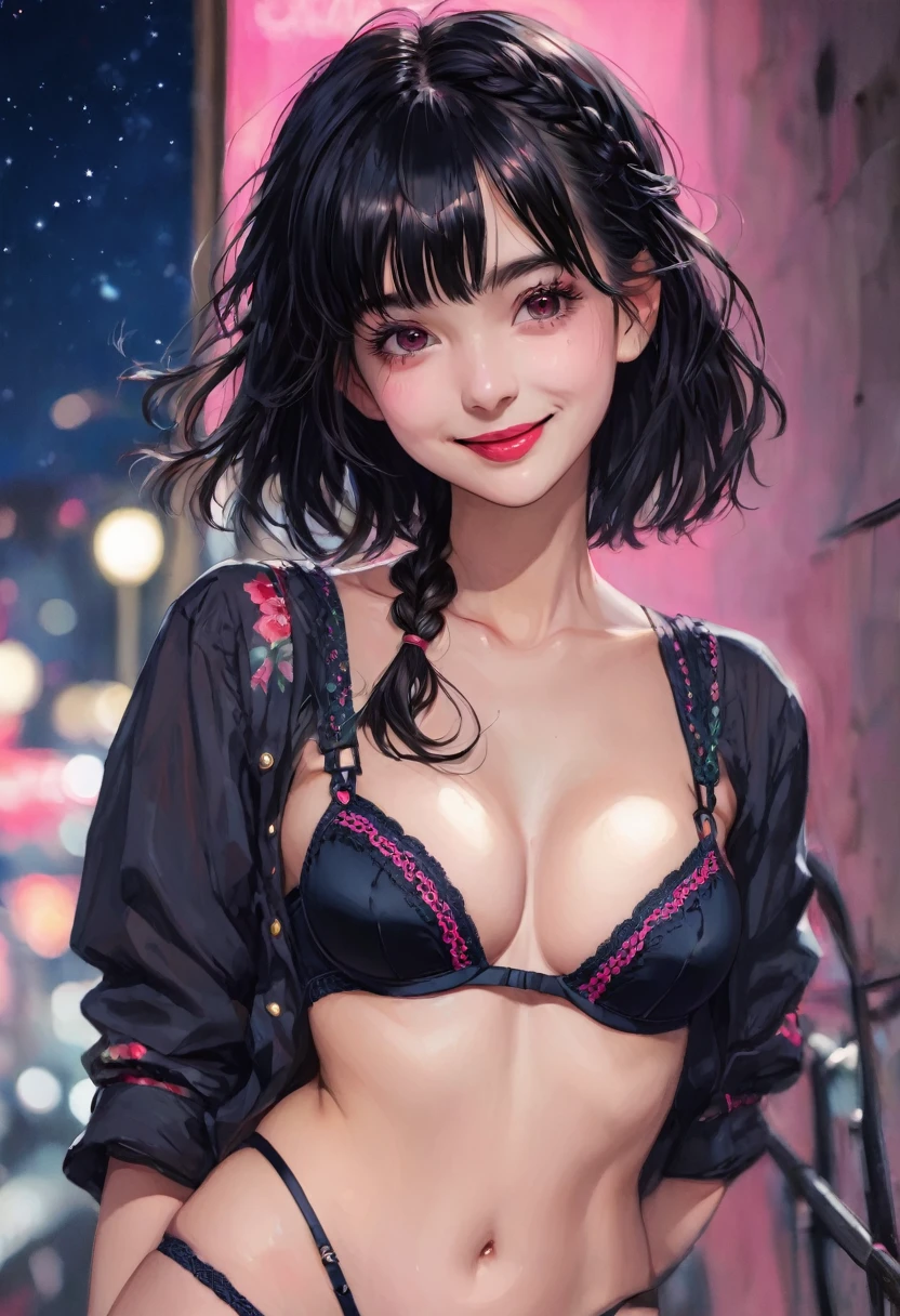 Face focus, portrait, glowing black eyes, feminine style, one girl, asymmetrical bangs, bangs, black hair, braid, bra, camera gaze, smile, night, bob hair, abdomen, red lips, shirt, solo, standing, braid, upper body, underwear, pink underwear, perfect body line, beautiful kubire, beautiful, naughty face, high quality