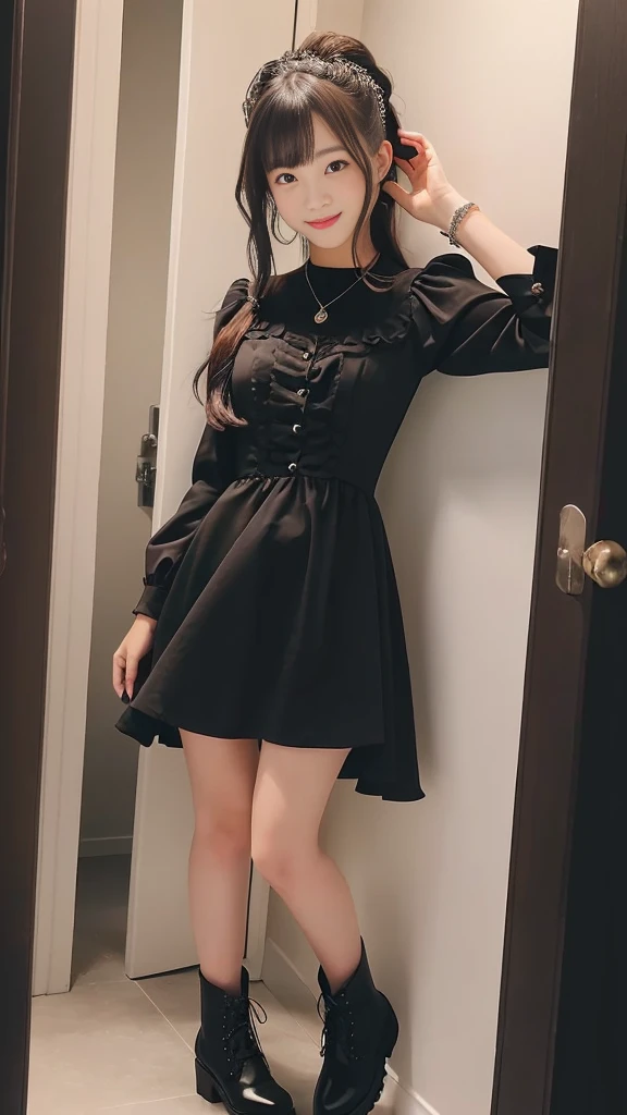 A girl standing in a doorway wearing a black dress and black boots, Girl in a black dress, In a dress, from Girls' Frontline, Girls' Frontline style, Cute girl in a nice dress, Fine details, Girls' Frontline, Cute girl visuals, Girls' Frontline cg, Blonde girl with long hair, Beautiful school girl, Idol Face, Beautiful breasts, (Detailed eyes and face:1.3, Professional photography techniques), (Detailed hands:1.2, Beautiful little hands of a girl:1.3), (Highest quality, 8K, masterpiece:1.2, RAW Photos), (Beautiful eyes in every detail), Gaze at the viewer, blush:1.3