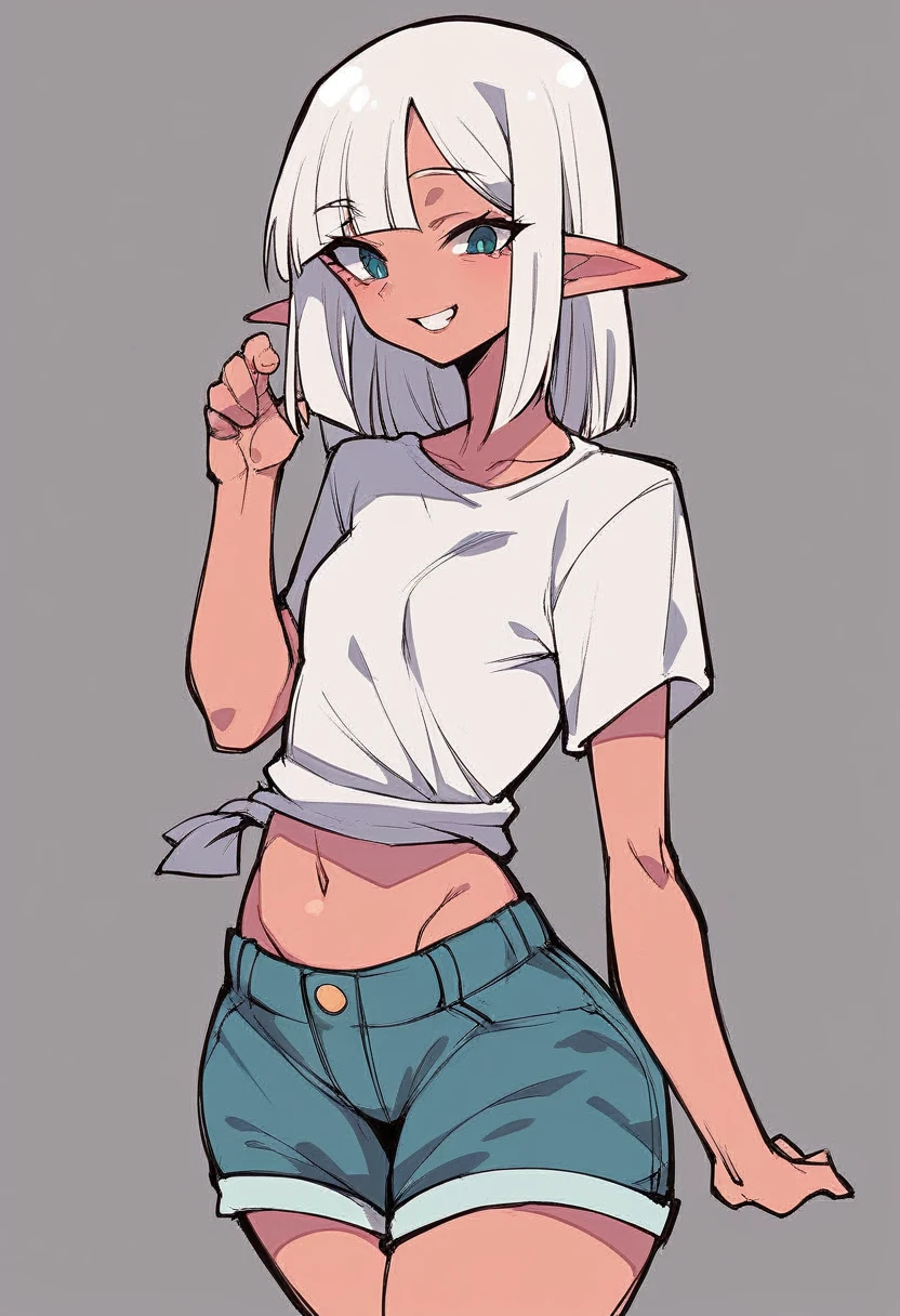 Elf girl, white hair, bob hairstyle, asymmetrical bangs, small breasts, wide hips, flat stomach, ((looking down at the viewer)), close up, white T-shirt, open neckline, shorts, view from the stomach to the top of the head, slight smile