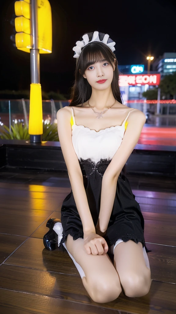 black Knee socks,dress,Hitman,Maid,Maid headdress,Knee socks,, (1 Girl,Lonely), ((Big Breasts)), Performance, Clear Face, Pretty face, Outdoor, random scene, Random shooting angles, 8K, masterpiece, Original photo, Highest quality, detailed:1.2,real, detailed, Very detaileded, CG, Unity, wallpaper, Depth of written boundary, Cinema Lighting, Lens flare, Ray Tracing, (Very beautiful face, Beautiful Lips, Beautiful Eyes), Complex, detailed的脸, ((ultra detaileded skin)), 1 Girl, In the Dark, Deep Shadow, Beautiful Korean Girl, Korean Idol,(Very slim figure:1.3), Ample breasts, Large Breasts, Slim sexy legs, Very beautiful legs, Graceful posture, (Bright smile), (City night, (neon), (night), Beautiful Korean Girl, White Diamond Earrings, Bracelet diameter, Deya Necklace, Clear Eyes, (Big eyes)