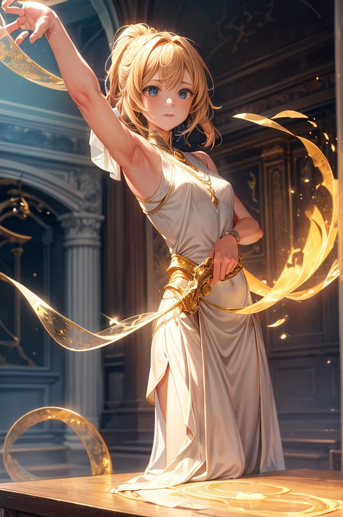 A beautifully detailed image of an enchanted sword lying on a table, glowing with magical energy. The blade, gleaming with a soft, warm light, curves and twists as it stretches from hand to hand, creating a mesmerizing, ethereal trail of swirling flames. The surrounding room is bathed in a warm, golden light, casting a warm glow on the item. macro lens, golden hour, soft lighting