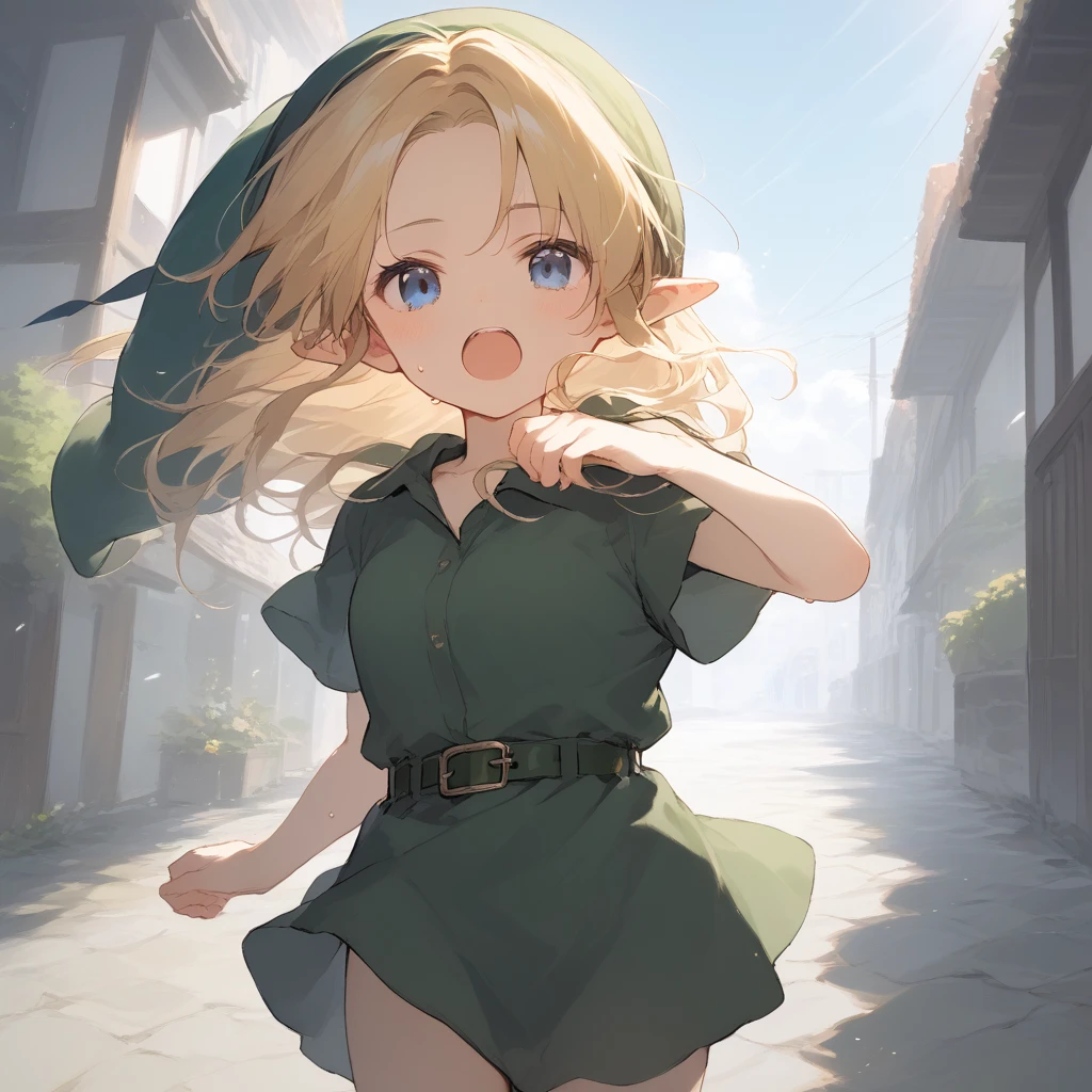 score_9, score_8_up, score_7_up, source_anime, best quality, masterpiece, official art, absurdres, highres, ultra-detailed,waifu2x,Collection: Slice of Life,break,1girl, YoungLink,-yeld, sl breasts, blonde hair, green tunic, pointy ears, hat, solo, blue eyes,green_headwear belt, sword, sweat, open mouth, (yawn:0.3), sleepily, outdoors, wind,break,(clear line illustration:1.2), super detailed skin,very high resolution, very aesthetic, Best sexual lighting powered by famous artist, 8k,cute picture,beauty illustration,photoshop_(medium),,(Detailed Lighting),best anime 8k konachan wallpaper, pixiv contest winner, 