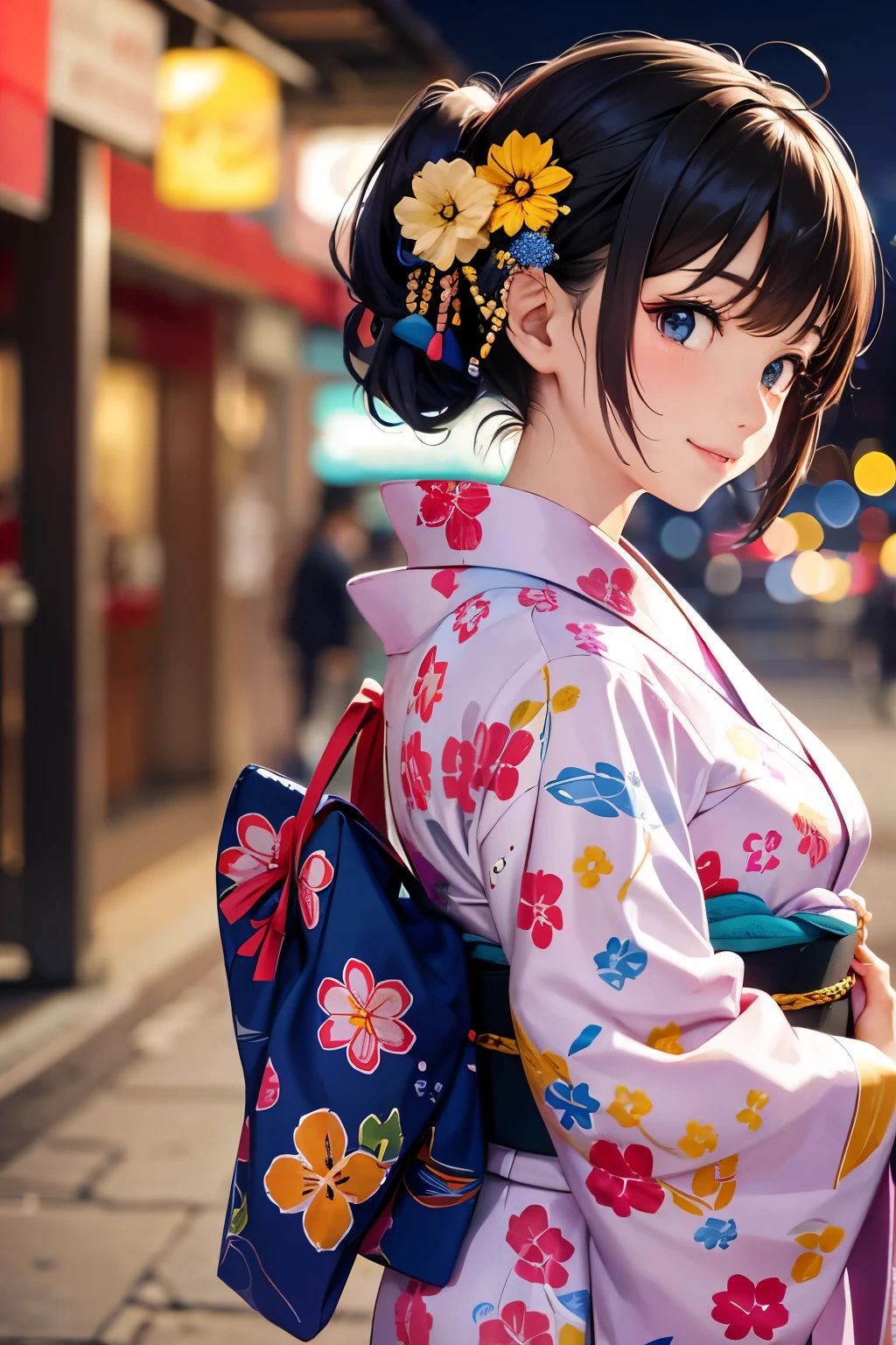 Anime girl in kimono outfit with flower hair and blue backpack - SeaArt AI