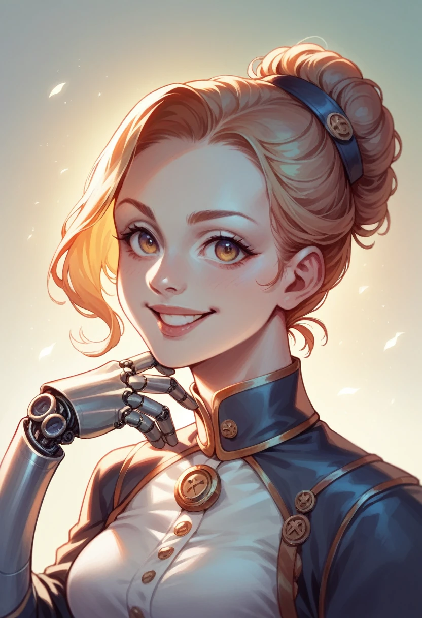 Smiling 1girl with bionic arms in steampunk fashion, captured in ultra high resolution with photorealistic and beautiful lighting. This masterpiece is of the best quality and is set against a zentangle abstract background (weighted at 1.4).