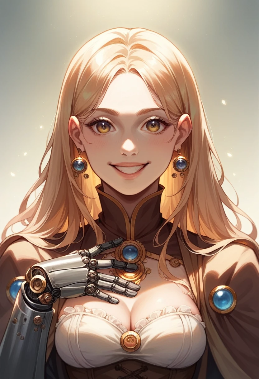 Smiling 1girl with bionic arms in steampunk fashion, captured in ultra high resolution with photorealistic and beautiful lighting. This masterpiece is of the best quality and is set against a zentangle abstract background (weighted at 1.4).