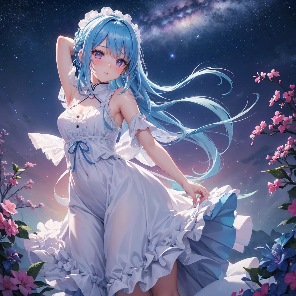 Sky blue hair, (One braided ponytail),(Pink Eyes),Fair skin ,(whole body),(One girl),Angel,Orihime,(Sky Yue),Tanabata,(The Milky Way in the night sky),Hollow Eyes,Blushing,Straight bangs,(masterpiece, Highest quality, Very detailed, Best Shadow), (Detailed Background), (Beautifully detailed face), High Contrast, (Best lighting, Very delicate and beautiful), ((Cinematic Light)), colorful, Hyper Detail, Dramatic Light, Intricate details,Open your arms