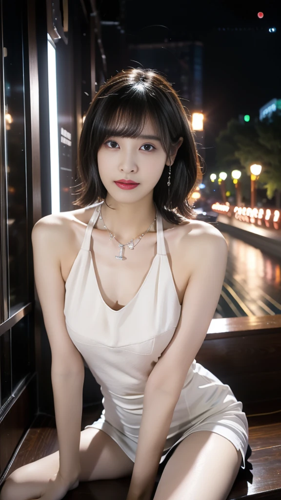 ((Edge CCH, clavicle, Halter neck ,十字形のHalter neck)), ((whole body)), ((Shot from a random angle)), ((Sitting)), (Yushuxin,1 Girl,Lonely), Clear Face, Pretty face, 8K, masterpiece, Original photo, Highest quality, detailed:1.2,real, detailed, Very detaileded, CG, Unity, wallpaper, Depth of written boundary, Cinema Lighting, Lens flare, Ray Tracing, (Very beautiful face, Beautiful Lips, Beautiful Eyes), Complex, detailed的脸, ((ultra detaileded skin)), 1 Girl, In the Dark, Deep Shadow, Beautiful Korean Girl, Korean Idol,(Very slim figure:1.3), Ample breasts, Large Breasts, Slim sexy legs, Very beautiful legs, Graceful posture, (Bright smile), (City night, (neon), (night), Beautiful Korean Girl, White Diamond Earrings, Bracelet diameter, Deya Necklace, Clear Eyes, (Big eyes)