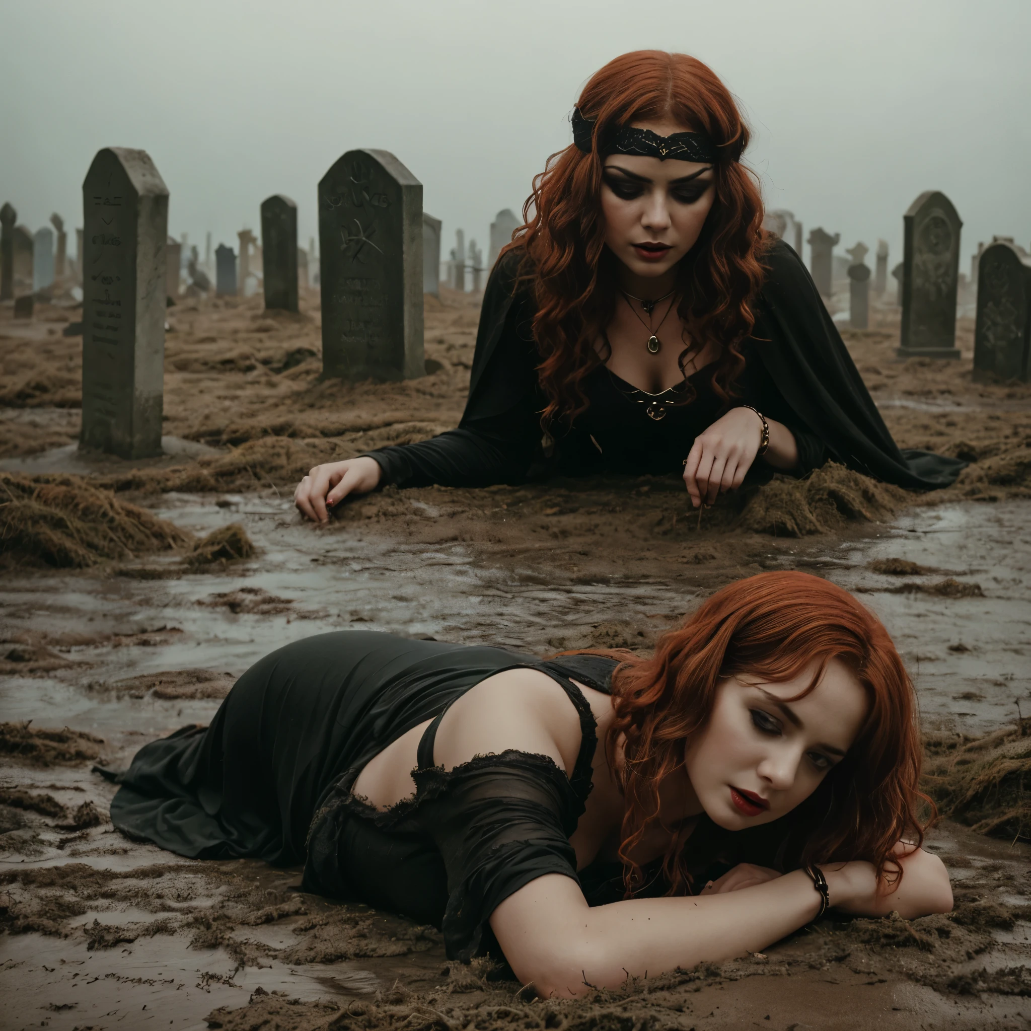 arafed (1woman), woman in a black dress with short messy wavy red hair and a necklace, lotr, promotional still,  joy vampire queen, artstyle tom bagshaw, beautiful female vampire, carmilla vampire, portrait of a elder witch, vampire fashion, samara weaving vampire, tom bagshaw weta studio, with red hair, photo still, witchy clothing, beautiful female witch in fog filled graveyard, black blindfold. Solo woman. Lady is laying down in the mud