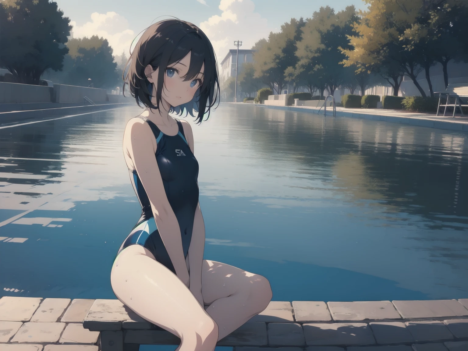 ultra-Top-quality by art God, ultra-detailed, high resolution, shinkai makoto style, anime moe artstyle, best anime 8k konachan wallpaper, pixiv contest winner, perfect ???????, break,(Please draw a picture of a girl in a swimsuit sitting on a bench by the poolside alone.),break, a hyperrealistic school girl, parted lips, (Solo,lolita, ???, 13-year-old:1.3),Full limbs, complete fingers, androgynous charm, very short hair, wet hair, small breasts,slender body, Small butt, groin, Small black eyes,hanme,beautiful detailed eyes, well-proportioned iris and pupils, sleepily, highres detailed hair, swimsuit, wet swimsuit, bare shoulders, thighs, in the school pool. break,dewy skin, perspiration on the skin,skin texture, fine lines, pores, natural imperfections,light reflections, glossy skin, shiny skin,break,super detailed skin, shiny skin, Best lighting powered by famous artist, 8k, illustration,UHD, textured skin,break,((artist:toosaka_asagi )), artist:clamp ,artist:carnelian ,artist:kantoku ,