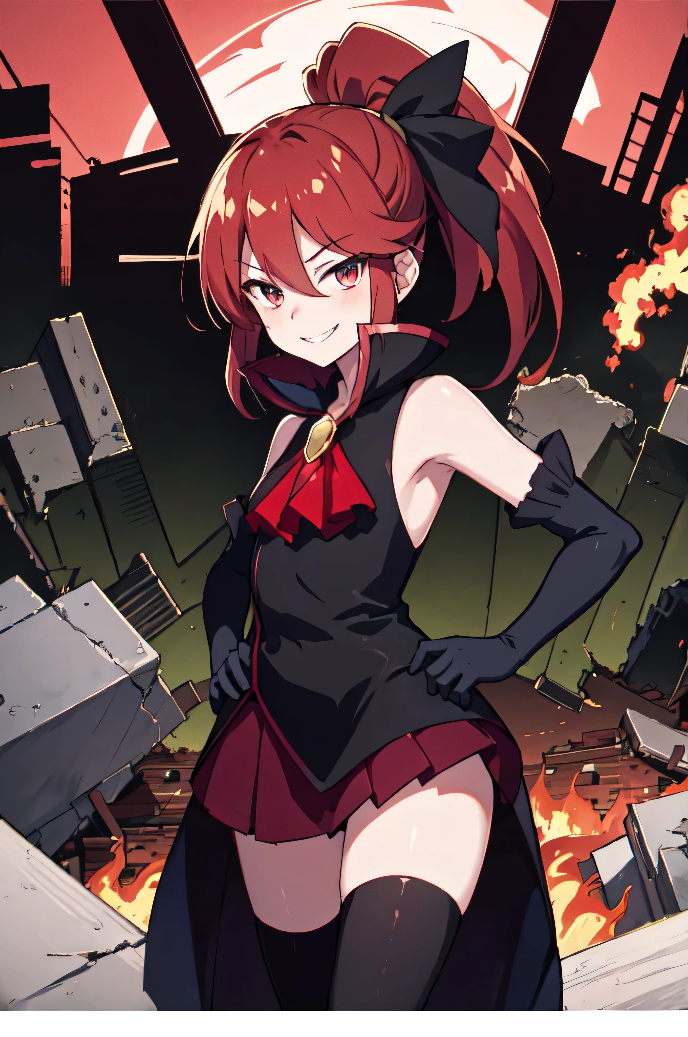 Highest quality, masterpiece, One Girl,Not beautiful, Red Ponytail, Long dress, brooch, Hair Ribbon, - Elbow hand pockets, Black knee socks, Standing on the rubble, Cityscape in a sea of fire, (Wicked Smile:1.1), Hands on hips,,Dark shadowed face,Sadistic smile,Malice,Contempt,smile,latex,Bad face,,Red Skirt,