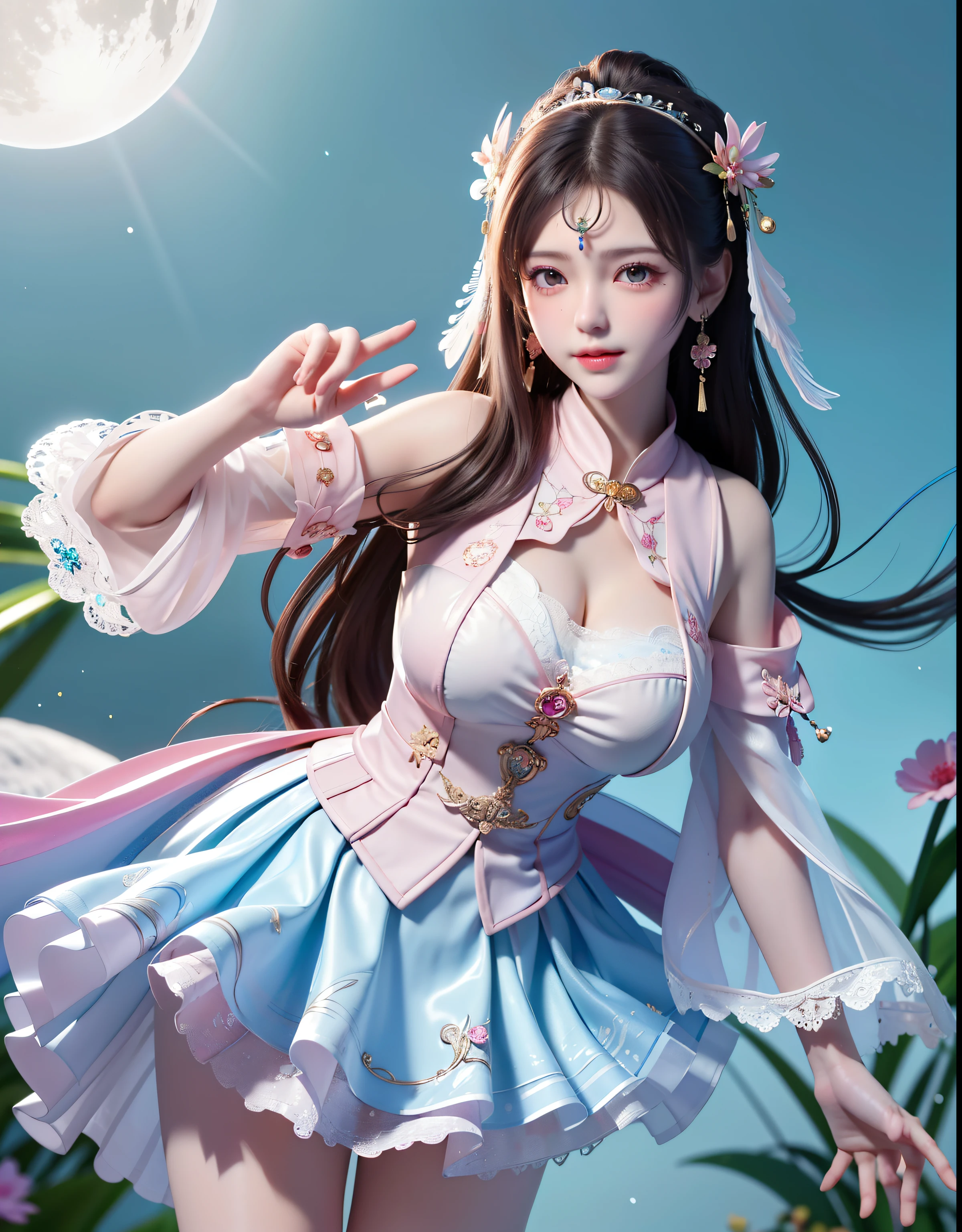 (8k, RAW photo:1.2), best quality, ultra high res,dramatic angle,(fluttered detailed color splashs), (illustration),(((1 girl))),(long hair),(rain:0.9), (Headdress:1.4),There is an ancient palace beside the girl,Hanfu,(Key Points),Color ink painting,(Splash of Color),Splash of Color,(((colorful))),(sketch:0.8) , Masterpiece, best quality, beautiful painted, highly detailed,(denoising:0.6),[splash ink],((ink refraction)), (beautiful detailed sky),moon,highly,detaild,(masterpiece, best quality, extremely detailed） CG Unity 8k Wallpaper，masterpiece，best quality，Ultra Detailed），（Lycoris）.shoulder ballet dress open V-chested clothes Thin silk lace dress short skirt , (huge ，cleavage),, white pink, blue ，best qualtiy，tmasterpiece，Ultra-high resolution，（Reality：1.4），RAW photogr，（True skin texture：1.3），（filmgrain：1.3），（Selfie angle），1个Giant Breast Girl，Beautiful eye and face details，tmasterpiece，Best quality at best，，The chest more exposed， detailed hair, bra pink , detail 8k, full body, lace petticoat, fan handle