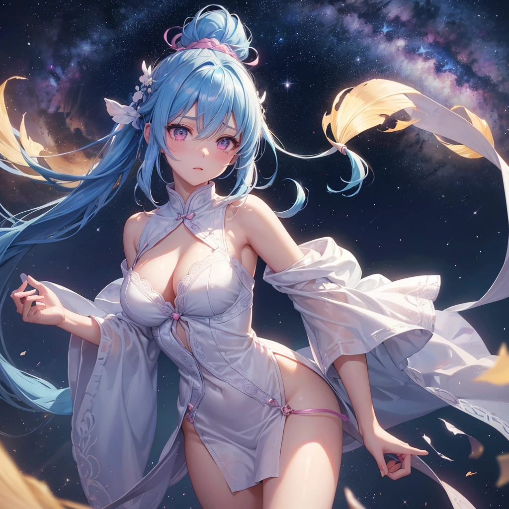 Sky blue hair, (One braided ponytail),(Pink Eyes),Fair skin ,(whole body),(One girl),The goddess,Orihime,(Sky Yue),Tanabata,(The Milky Way in the night sky),Hollow Eyes,Blushing,Straight bangs,(masterpiece, Highest quality, Very detailed, Best Shadow), (Detailed Background), (Beautifully detailed face), High Contrast, (Best lighting, Very delicate and beautiful), ((Cinematic Light)), colorful, Hyper Detail, Dramatic Light, Intricate details,Open your arms