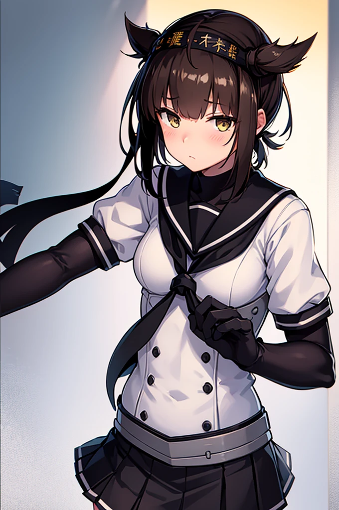 hatsuzuki_kantaicollection, short_hair, hair_flaps, headband, brown_hair, hairband, bodysuit, serafuku, hachimaki, blush, yellow_eyes, black_hair, brown_eyes, black_skirt, neckerchief, pleated_skirt, school_uniform, short_sleeves, skirt, black_gloves, corset, sailor_collar,hatsuzuki_kantaicollection, Personage as the main perspective, cool posing, holding sword,