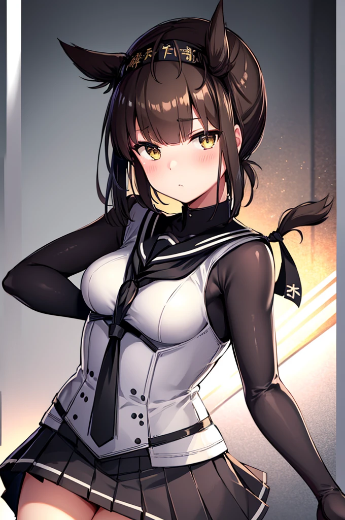 girl, dressed in white long sleeves, with a black vest and knee-length black skirt, slightly narrow, red eyes, detailed eyes, long black socks, school shoes, has cat ears, has short black hair like a boy, but has a lot of hair, the sides of her hair stick out, she is a calm girl, short hair like boy, long black dress, vtuber style