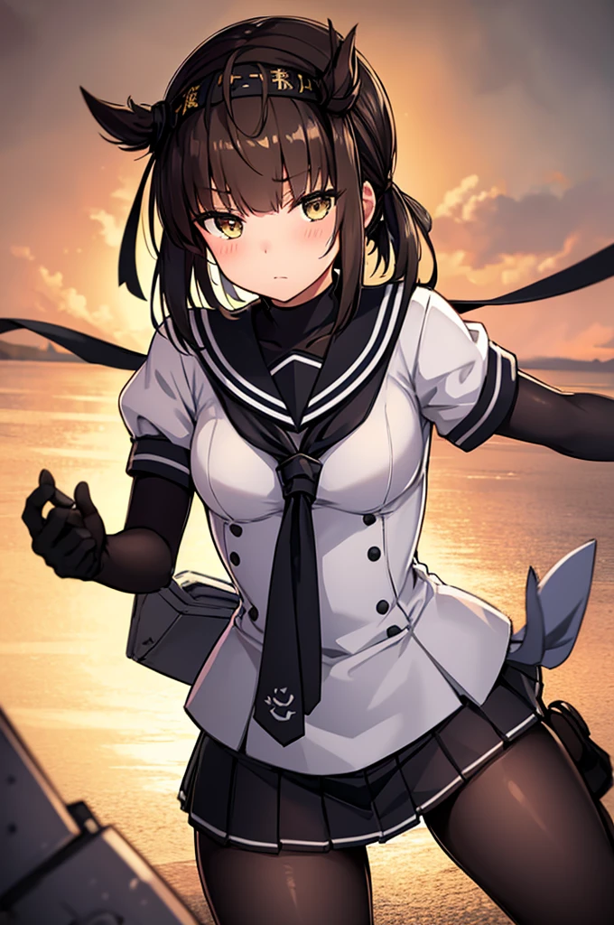 hatsuzuki_kantaicollection, short_hair, hair_flaps, headband, brown_hair, hairband, bodysuit, serafuku, hachimaki, blush, yellow_eyes, black_hair, brown_eyes, black_skirt, neckerchief, pleated_skirt, school_uniform, short_sleeves, skirt, black_gloves, corset, sailor_collar,hatsuzuki_kantaicollection, Personage as the main perspective, cool posing, holding sword,