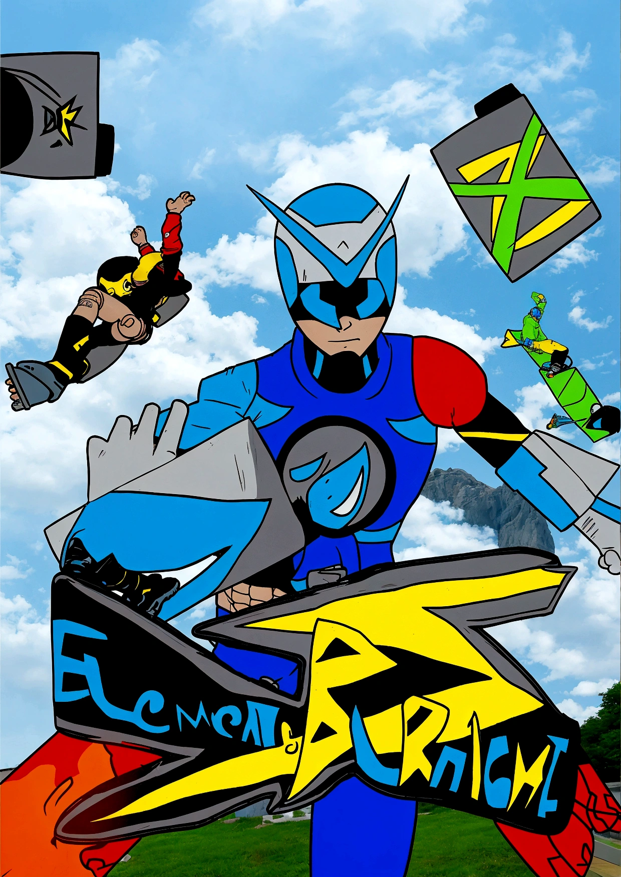 there is a cartoon of a man riding a skateboard on a ramp, fourze, promotional art, promotional artwork, official artwork, an epic anime of a energy man, eboy, flying anime esper, official art, anime cover, kamen rider character, eldritchpunk, atompunk, comic book's cover, comic book arzach style, movie promotional art