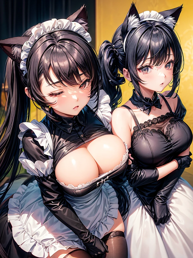 2 Beautiful anime woman with cat ears and tail (wearing maid dress, black stockings, and short black gloves) while the other beautiful anime woman with cat ears and tail (wearing maid dress, black stockings, and short black gloves) is standing behind her and holding her from behind while she places her glove over the other womans breast and falls asleep in her arms