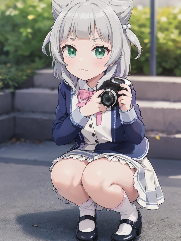 Outdoor,((the way)),, 1girl,Green Eyes, Grey Hair, hair ornaments, bangs, Virtual YouTuber, blunt bangs, Double Bang, Animal ears, Flat Chest,uniform,Navy Blue Blazer,White shirt,Pink ribbon,Grey Skirt,Pink Panties,White long frilly socks,Black low heels,I have a pink camera,Bring the camera closer to your face,squat,Hold the camera, :3