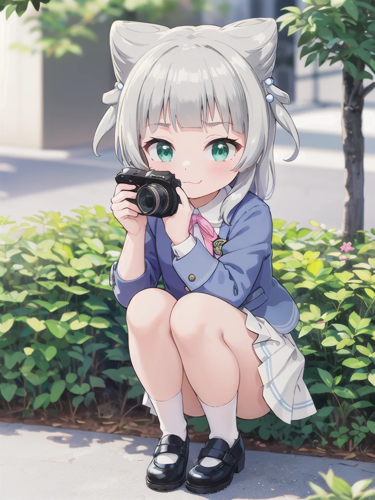 Outdoor,((the way)),, 1girl,Green Eyes, Grey Hair, hair ornaments, bangs, Virtual YouTuber, blunt bangs, Double Bang, Animal ears, Flat Chest,uniform,Navy Blue Blazer,White shirt,Pink ribbon,Grey Skirt,Pink Panties,White long frilly socks,Black low heels,I have a pink camera,Bring the camera closer to your face,squat,Hold the camera, :3