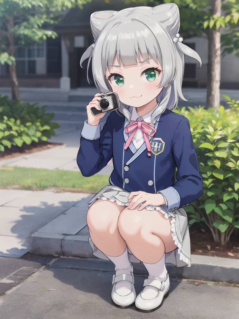 Outdoor,((the way)),, 1girl,Green Eyes, Grey Hair, hair ornaments, bangs, Virtual YouTuber, blunt bangs, Double Bang, Animal ears, Flat Chest,uniform,Navy Blue Blazer,White shirt,Pink ribbon,Grey Skirt,Pink Panties,White long frilly socks,Black low heels,I have a pink camera,Bring the camera closer to your face,squat,Hold the camera, :3