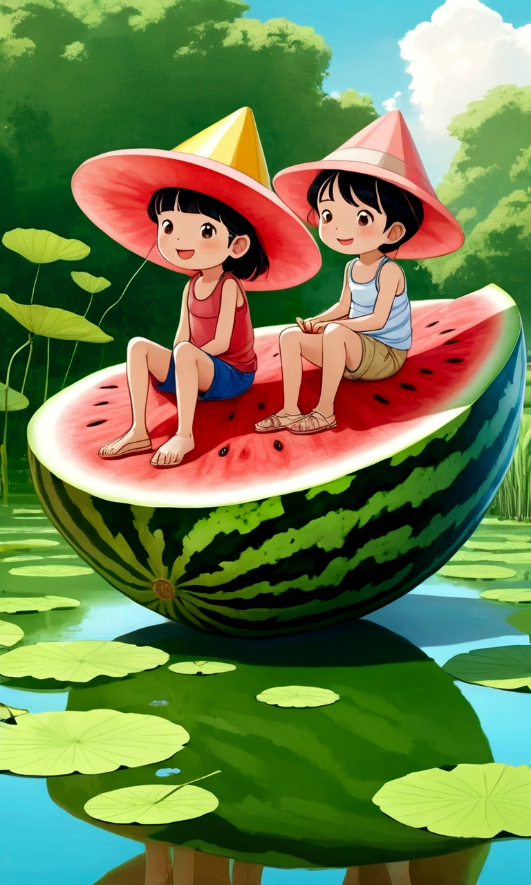 Hot summer，Two children sitting on a giant watermelon-shaped boat，Back，Wear a sun hat，Fundo verde claro，Summer elements，Lotus Pond，A hot, sunny day in midsummer，Comic Style，Fresh and beautiful atmosphere