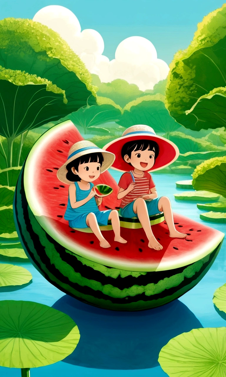 Hot summer，Two  sitting on a giant watermelon-shaped boat，Back，Wear a sun hat，Fundo verde claro，Summer elements，Lotus Pond，A hot, sunny day in midsummer，Comic Style，Fresh and beautiful atmosphere